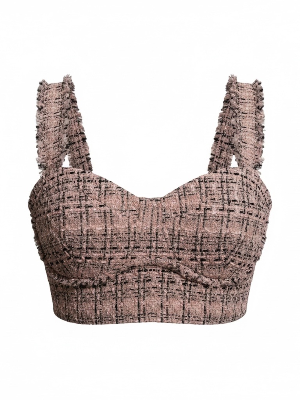 Women's Wild Fable Pink & Black Boucle Frayed Strap Tweed Crop Top  Size M